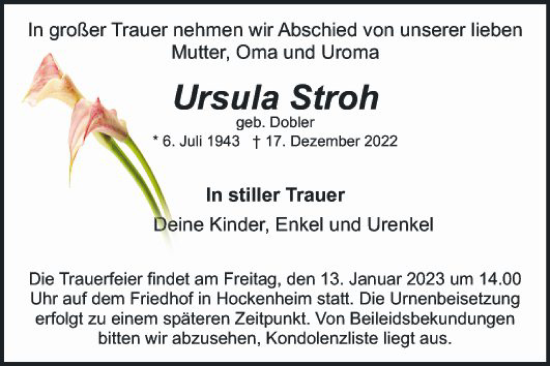 Traueranzeige von Ursula Stroh von Schwetzinger Zeitung