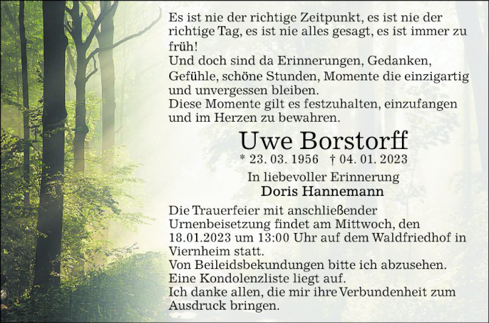  Traueranzeige für Uwe Borstorff vom 14.01.2023 aus Mannheimer Morgen