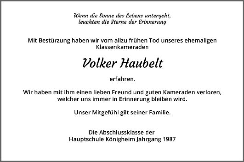  Traueranzeige für Volker Haubelt vom 23.01.2023 aus Fränkische Nachrichten