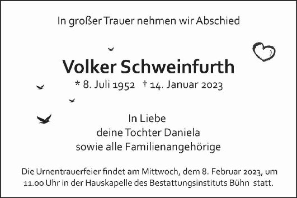  Traueranzeige für Volker Schweinfurth vom 21.01.2023 aus Mannheimer Morgen