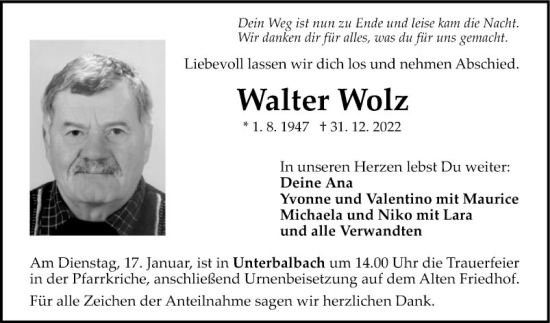 Traueranzeige von Walter Wolz von Fränkische Nachrichten