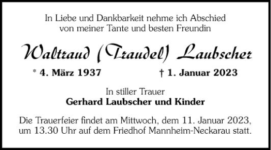 Traueranzeige von Waltraud Laubscher von Mannheimer Morgen