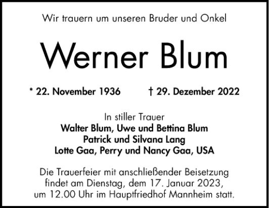 Traueranzeige von Werner Blum von Mannheimer Morgen