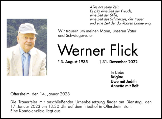 Traueranzeige von Werner Flick von Schwetzinger Zeitung