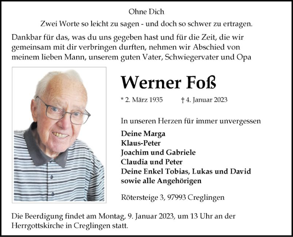  Traueranzeige für Werner Foß vom 07.01.2023 aus Fränkische Nachrichten