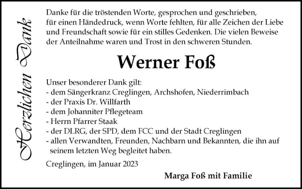  Traueranzeige für Werner Foß vom 28.01.2023 aus Fränkische Nachrichten