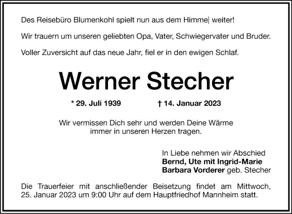  Traueranzeige für Werner Stecher vom 21.01.2023 aus Mannheimer Morgen