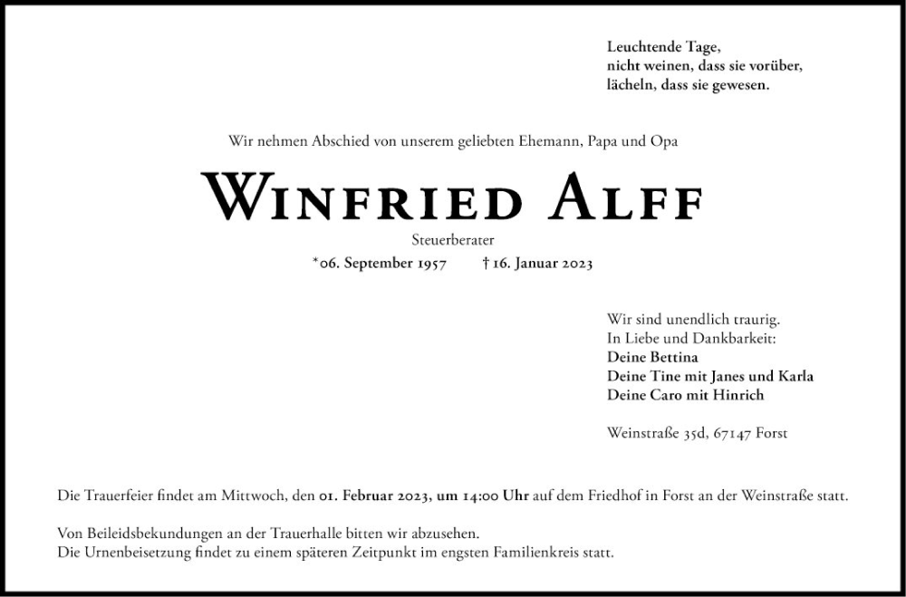  Traueranzeige für Winfried Alff vom 25.01.2023 aus Mannheimer Morgen