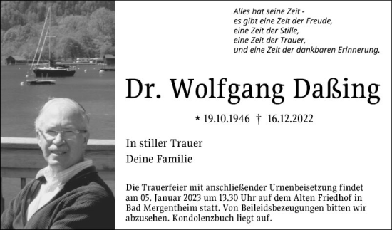 Traueranzeige von Wolfgang Daßing von Fränkische Nachrichten