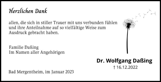 Traueranzeige von Wolfgang Daßing von Fränkische Nachrichten