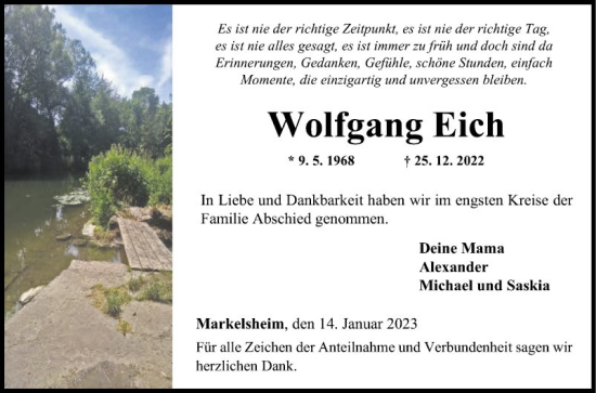 Traueranzeige von Wolfgang Eich von Fränkische Nachrichten