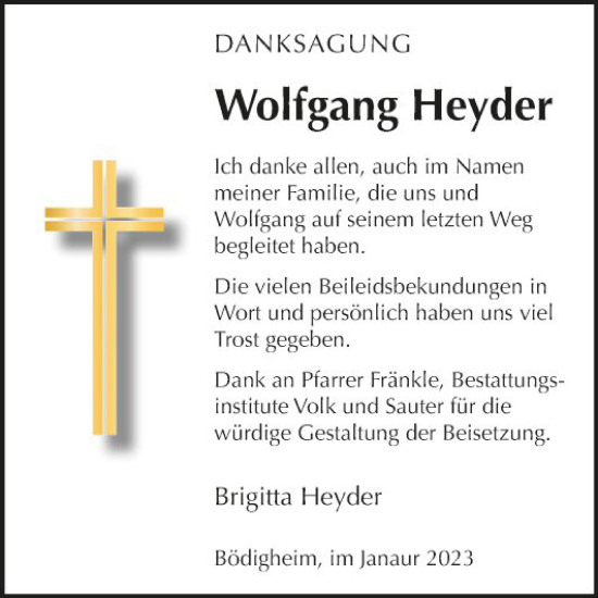 Traueranzeige von Wolfgang Heyder von Fränkische Nachrichten