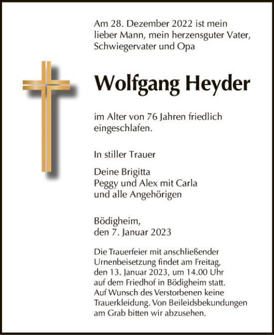 Traueranzeige von Wolfgang Heyder von Fränkische Nachrichten