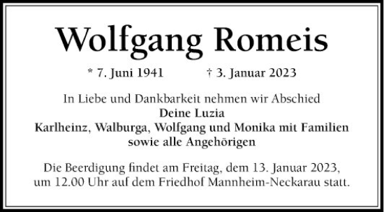 Traueranzeige von Wolfgang Romeis von Mannheimer Morgen