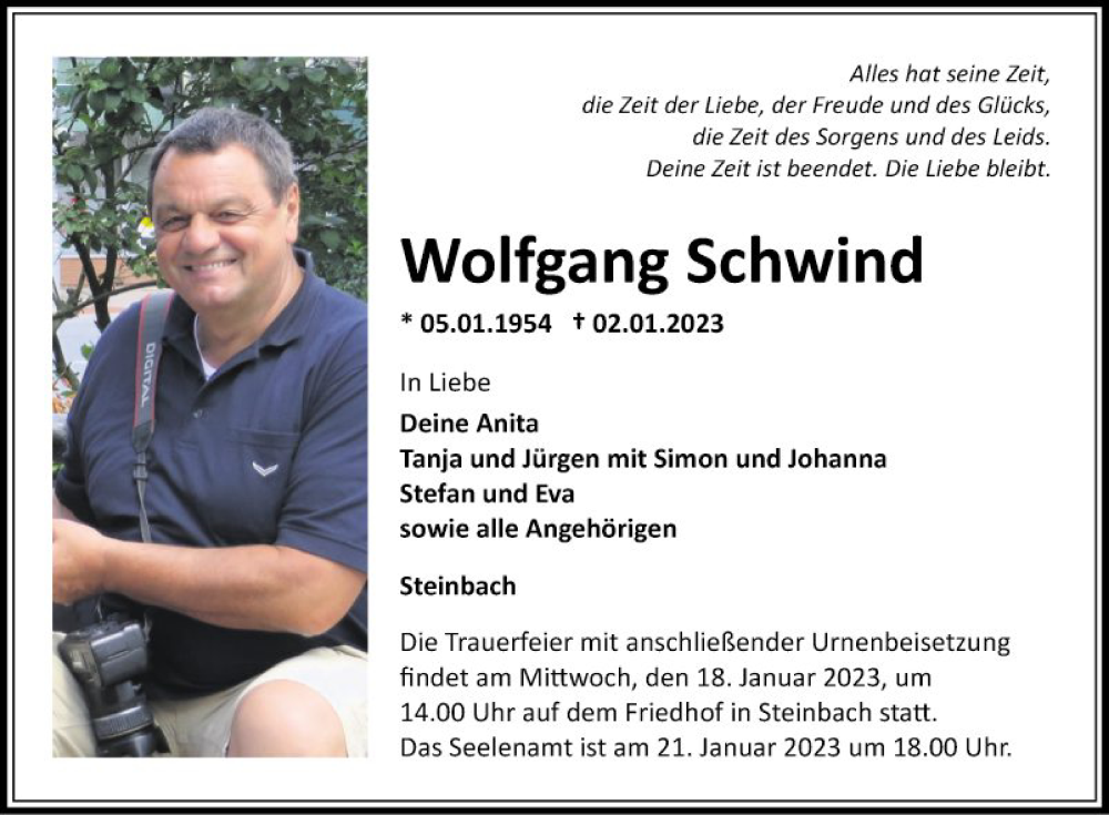  Traueranzeige für Wolfgang Schwind vom 14.01.2023 aus Fränkische Nachrichten