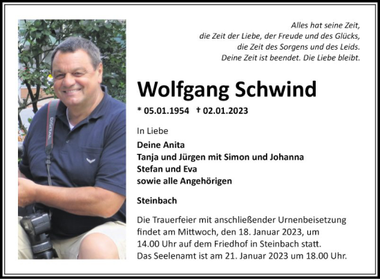 Traueranzeige von Wolfgang Schwind von Fränkische Nachrichten