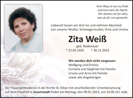 Traueranzeige von Zita Weiß von Fränkische Nachrichten