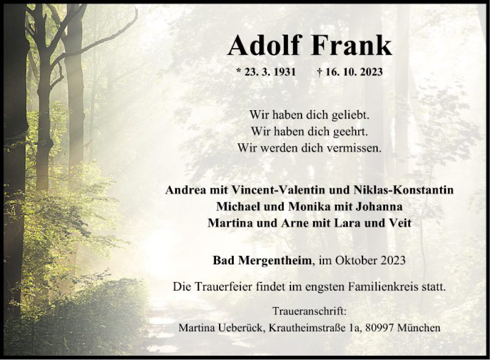  Traueranzeige für Adolf Frank vom 20.10.2023 aus Fränkische Nachrichten