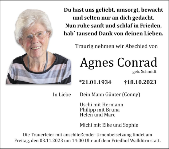 Traueranzeige von Agnes Conrad von Fränkische Nachrichten