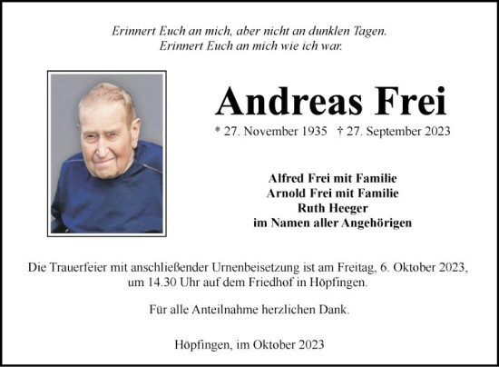 Traueranzeige von Andreas Frei von Fränkische Nachrichten