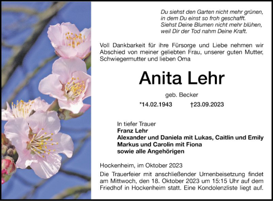 Traueranzeige von Anita Lehr von Schwetzinger Zeitung