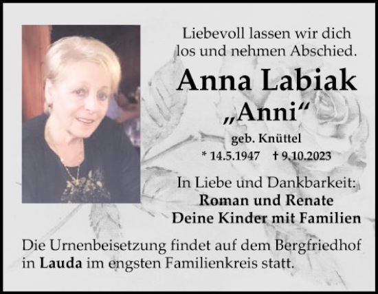 Traueranzeige von Anna Labiak von Fränkische Nachrichten