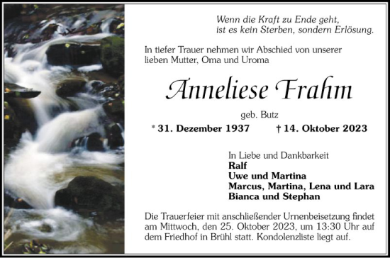 Traueranzeige von Anneliese Frahm von Schwetzinger Zeitung