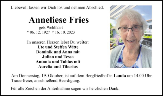 Traueranzeige von Anneliese Fries von Fränkische Nachrichten