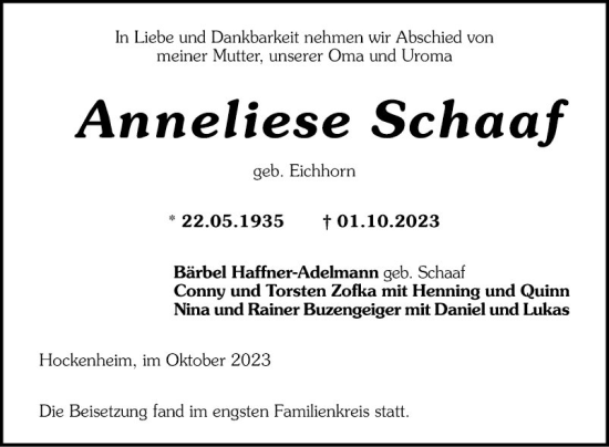 Traueranzeige von Anneliese Schaaf von Schwetzinger Zeitung