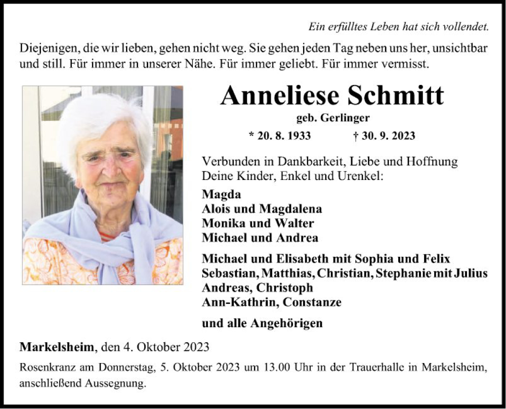  Traueranzeige für Anneliese Schmitt vom 04.10.2023 aus Fränkische Nachrichten