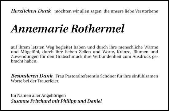 Traueranzeige von Annemarie Rothermel von Mannheimer Morgen