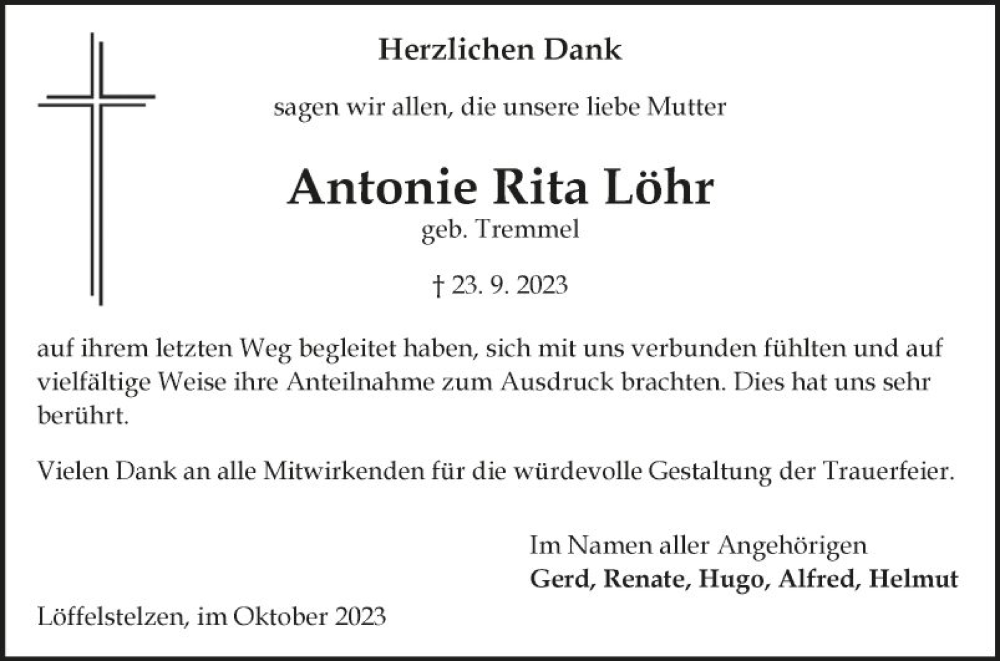  Traueranzeige für Antonie Rita Löhr vom 21.10.2023 aus Fränkische Nachrichten