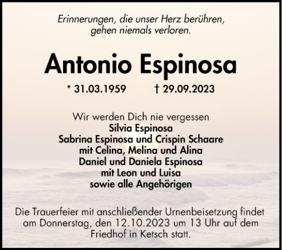 Traueranzeige von Antonio Espinosa von Schwetzinger Zeitung