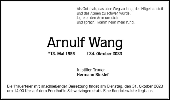 Traueranzeige von Arnulf Wang von Schwetzinger Zeitung