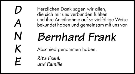 Traueranzeige von Bernhard Frank von Mannheimer Morgen