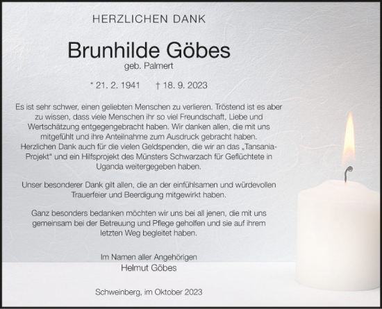 Traueranzeige von Brunhilde Göbes von Fränkische Nachrichten