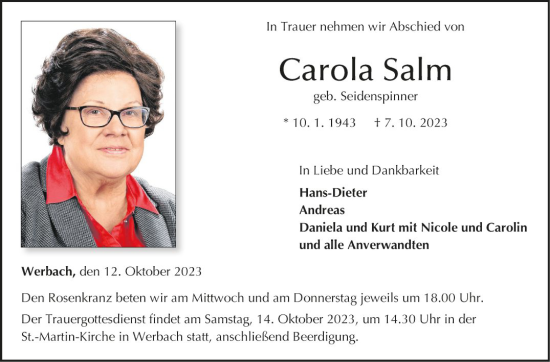 Traueranzeige von Carola Salm von Fränkische Nachrichten