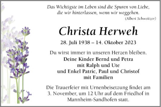 Traueranzeige von Christa Herweh von Mannheimer Morgen