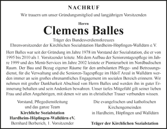 Traueranzeige von Clemens Balles von Fränkische Nachrichten