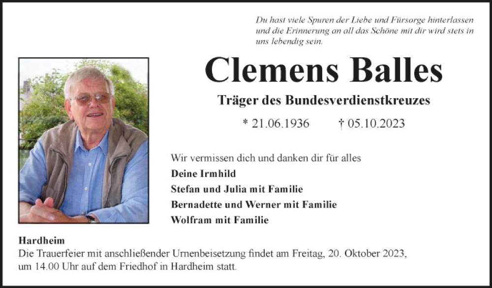  Traueranzeige für Clemens Balles vom 14.10.2023 aus Fränkische Nachrichten