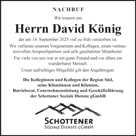 Traueranzeige von David König von Fränkische Nachrichten