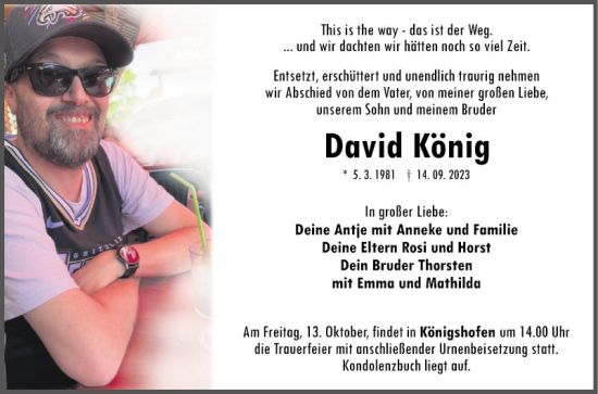 Traueranzeige von David König von Fränkische Nachrichten