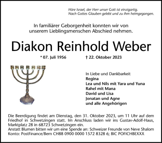 Traueranzeige von Diakon Reinhold Weber von Schwetzinger Zeitung