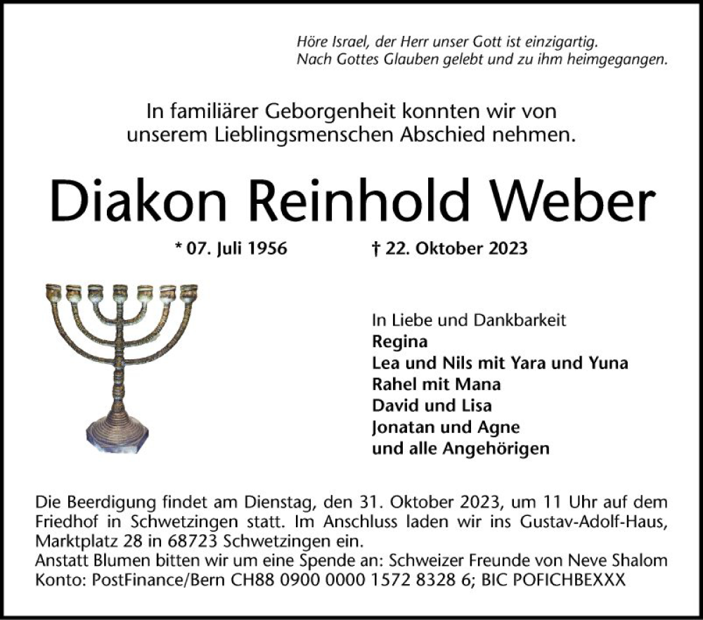  Traueranzeige für Diakon Reinhold Weber vom 28.10.2023 aus Schwetzinger Zeitung