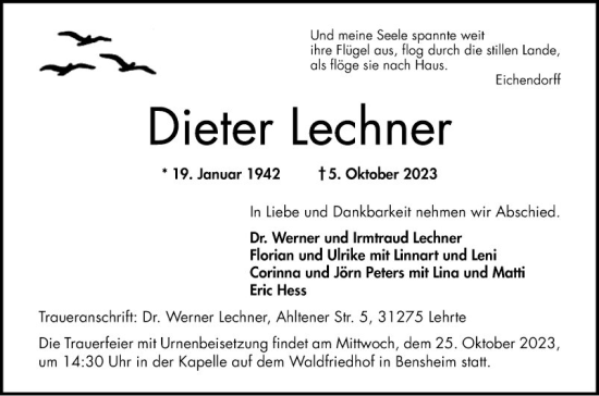 Traueranzeige von Dieter Lechner von Bergsträßer Anzeiger