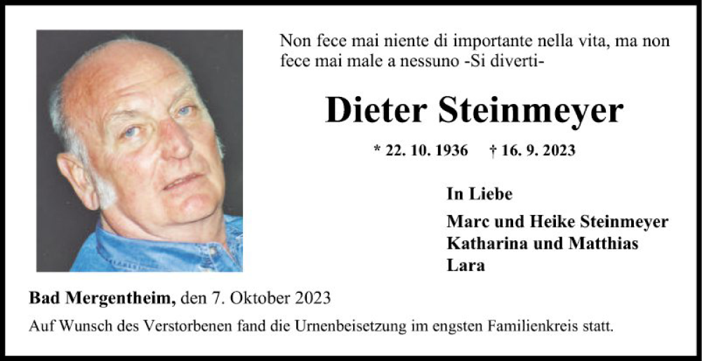  Traueranzeige für Dieter Steinmeyer vom 07.10.2023 aus Fränkische Nachrichten