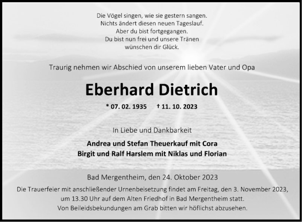  Traueranzeige für Eberhard Dietrich vom 24.10.2023 aus Fränkische Nachrichten