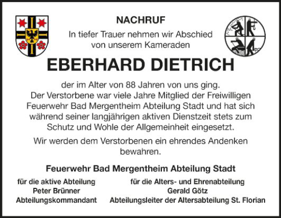 Traueranzeige von Eberhard Dietrich von Fränkische Nachrichten