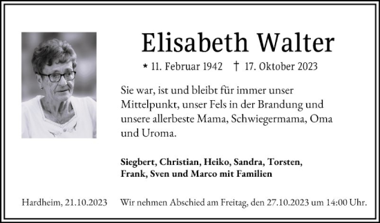 Traueranzeige von Elisabeth Walter von Fränkische Nachrichten