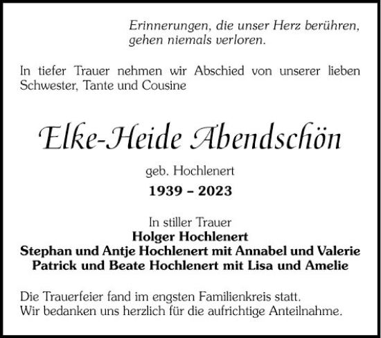 Traueranzeige von Elke-Heide Abendschön von Mannheimer Morgen